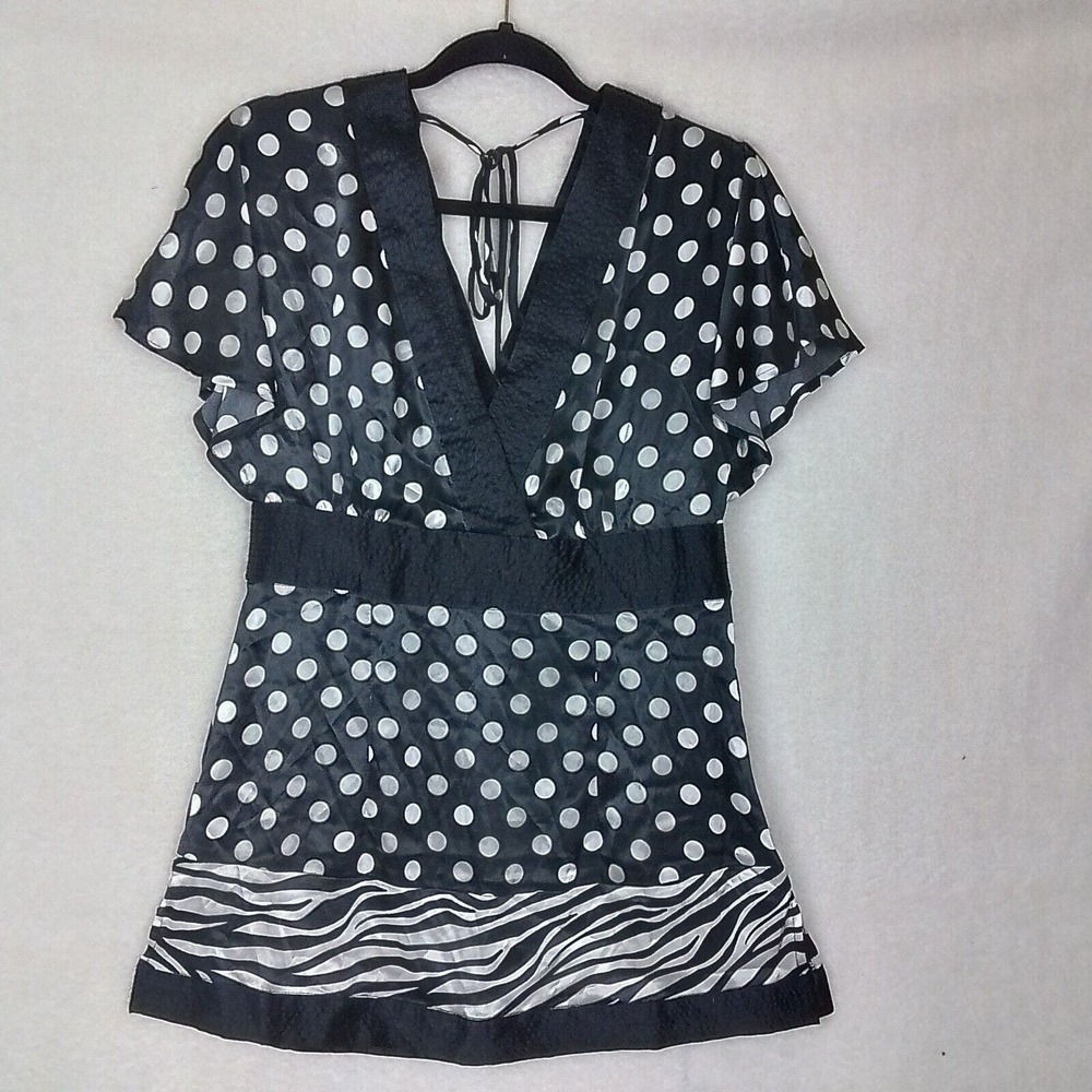 BCBGMaxazria Sateen Style‎ Deep V Tunic Blouse Size M in Black White Polka Dot
